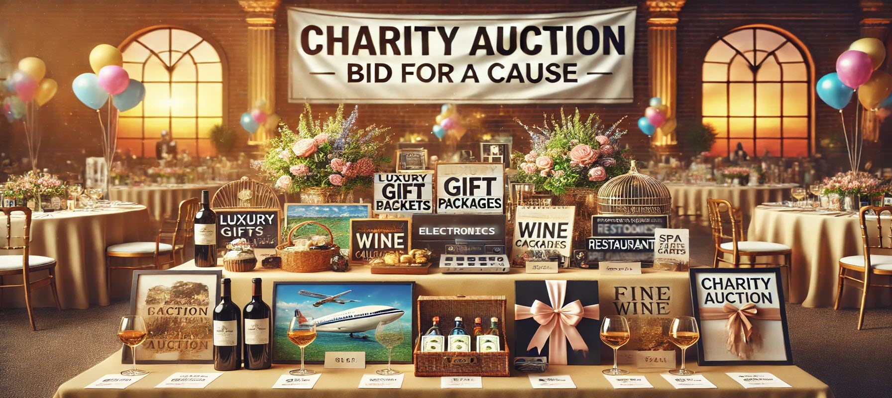 DALL·E 2025-02-08 17.42.18 - A visually engaging charity auction scene showcasing donated items from businesses for fundraising. The image features an elegant auction table with a